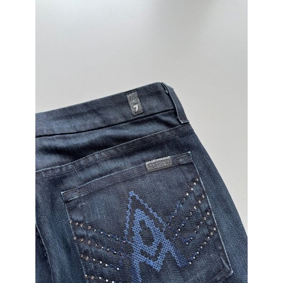 7 FOR ALL MANKIND Dark Rinse Embroidered Crystal "A" Pocket FlaredJeans, Size 27 - Picture 6 of 13